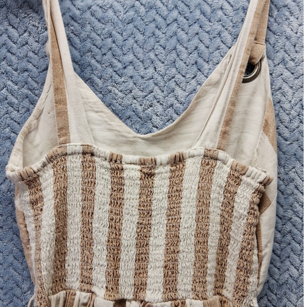 Japna Striped Cotton Linen Jumpsuit Tan White Wide Leg Smocked Back Small all - Picture 8 of 10